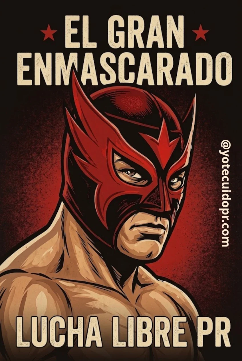 Póster impreso estilo Art Déco de El Gran Enmascarado Lucha Libre PR en tonos rojo, negro y beige.